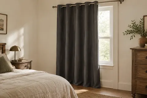 Panneau de rideau occultant gris foncé à œillets installé devant une fenêtre de chambre lumineuse.