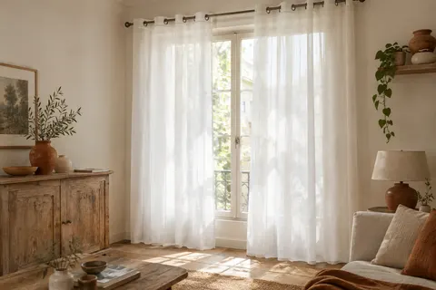 Deux voilages blancs à œillets filtrent la lumière devant une fenêtre de salon au décor chaleureux.