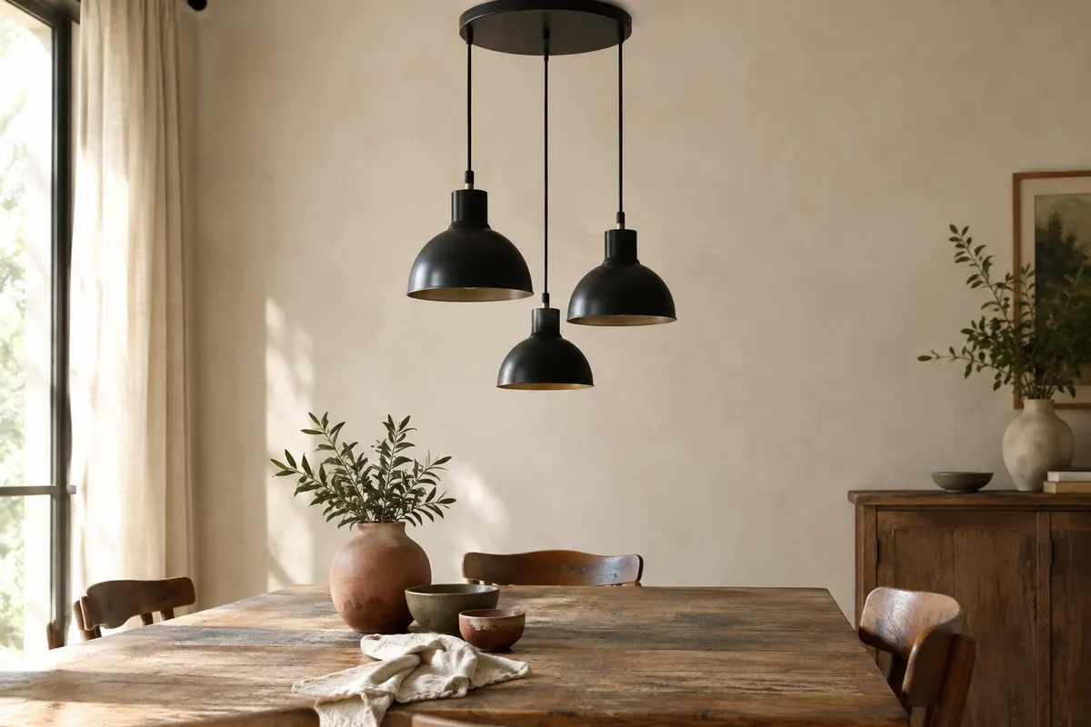Suspension noire à trois lumières au-dessus d’une table en bois, dans un intérieur aux tons ivoire.