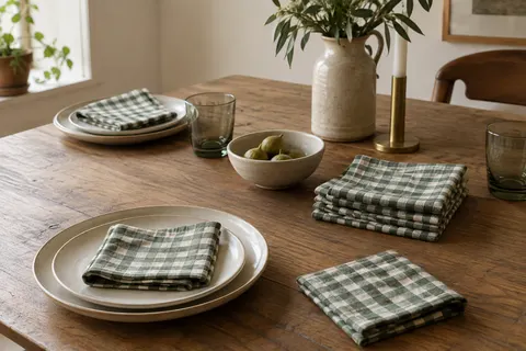 Six serviettes de table en coton vert et blanc à carreaux, disposées sur une table en bois avec de la vaisselle crème.
