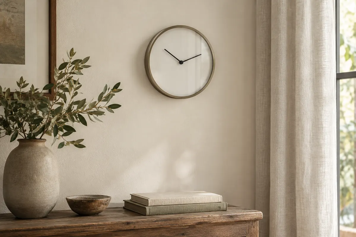 Horloge murale ronde blanche de 20 cm avec aiguilles noires, installée sur un mur ivoire