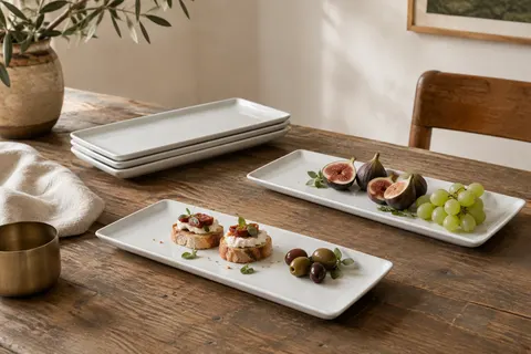 Quatre assiettes rectangulaires en porcelaine blanche brillante, empilées et présentées sur une table en bois.