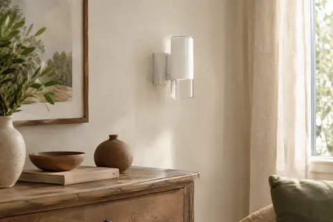 Applique murale Eglo blanche en acier et verre, installée sur un mur ivoire près d’un meuble en bois.