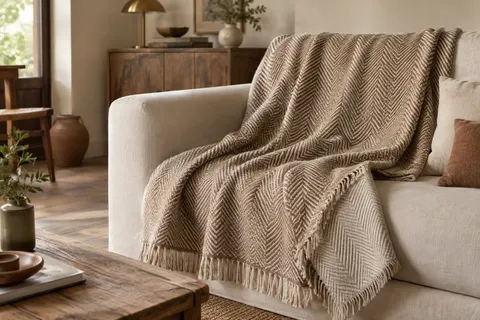 Plaid EHC beige en coton à chevrons réversible et franges, posé sur un canapé en lin crème.