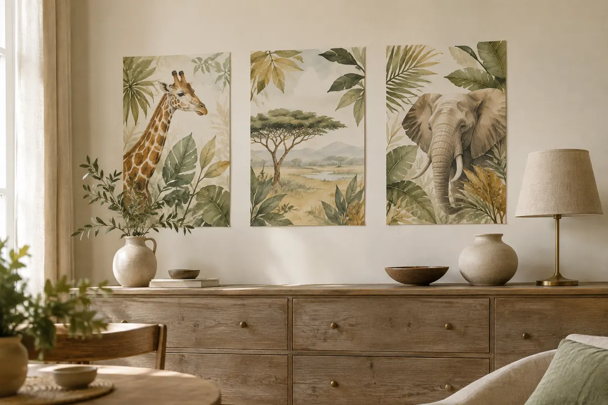 Trois affiches safari A3 sans cadre, aux tons terreux, disposées sur un mur ivoire.