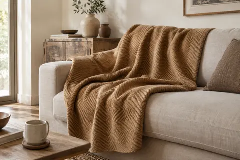 Plaid camel à chevrons en polyester brossé posé sur un canapé dans un intérieur lumineux