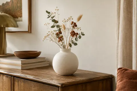 Vase rond en céramique blanche mate avec quelques fleurs séchées sur une console en bois.