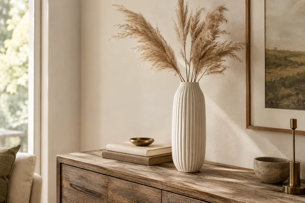 Vase en céramique blanc mat à rainures, posé sur une console en bois avec quelques tiges de pampa.