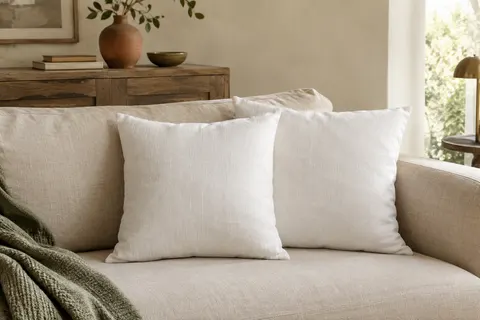 Deux coussins carrés blancs garnis, posés sur un canapé clair dans un intérieur à la lumière douce.