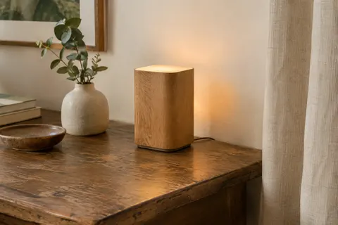 Petite lampe tactile à l’aspect bois posée sur une table patinée, diffusant une lumière chaude.