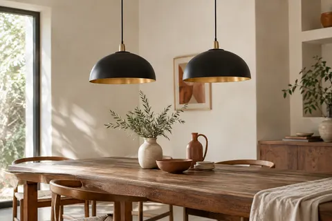 Deux suspensions industrielles en métal noir et or au-dessus d’une table en bois patiné