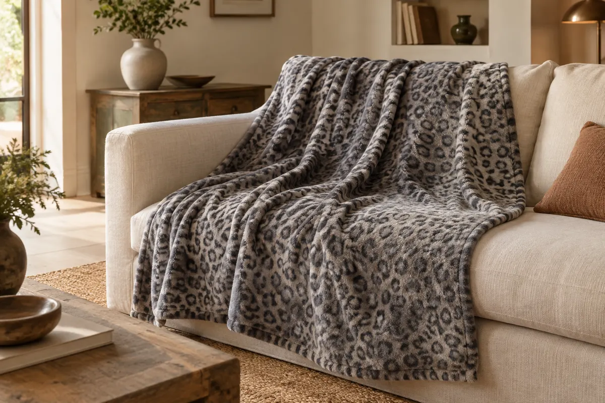 Plaid en flanelle microfibre gris à motif léopard posé sur un canapé en lin crème