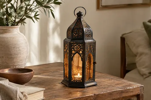 Lanterne marocaine en métal noir et or posée sur une table en bois, avec son motif ajouré éclairé.