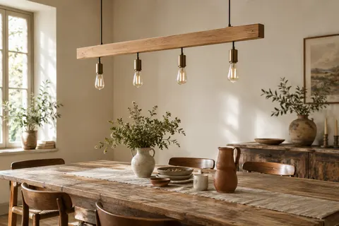 Suspension à poutre en pin naturel et quatre douilles métalliques au-dessus d’une table en bois.