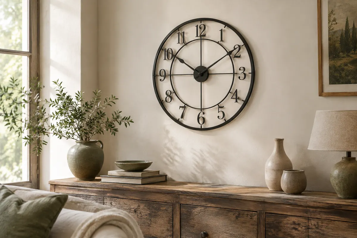 Horloge murale ronde en métal noir ajouré, avec chiffres arabes, installée sur un mur ivoire.