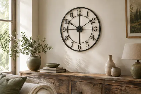 Horloge murale ronde en métal noir ajouré, avec chiffres arabes, installée sur un mur ivoire.