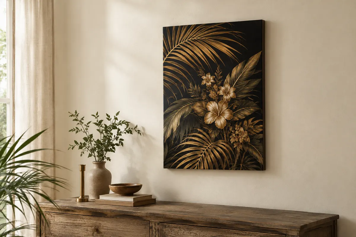 Toile florale noir et or au format portrait, tendue sur un châssis en bois et accrochée à un mur ivoire.