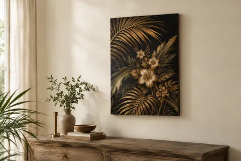 Toile florale noir et or au format portrait, tendue sur un châssis en bois et accrochée à un mur ivoire.