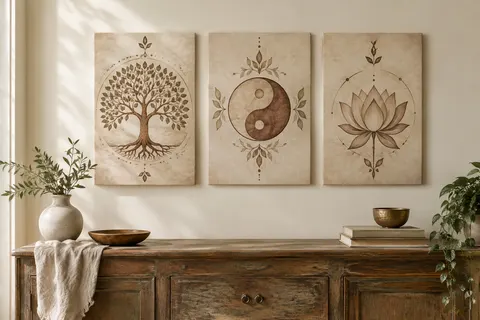 Triptyque de toiles beiges aux motifs d’arbre de vie, yin yang et lotus sur un mur ivoire.