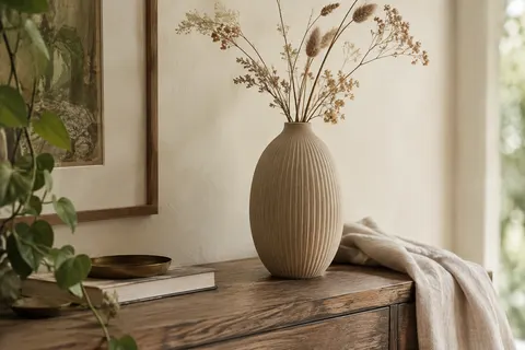 Vase vertical en céramique beige mate à stries régulières, posé sur une console en bois patiné.