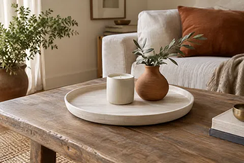 Plateau rond blanc en bois posé sur une table basse, accompagné d’une bougie et d’un petit vase