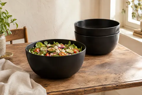 Trois bols de service ronds en plastique noir, empilés sur une table en bois près d’une salade