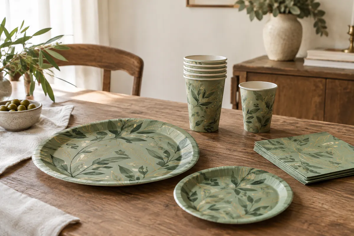 Vaisselle de fête en papier vert sauge avec assiettes rondes, gobelets et serviettes aux détails dorés.
