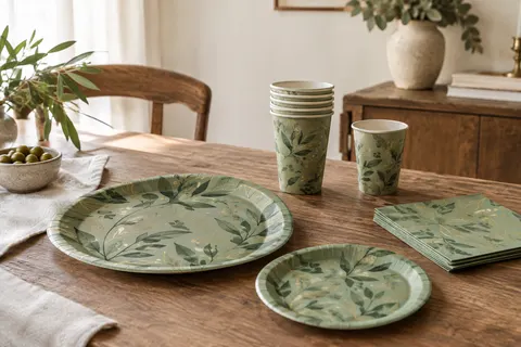 Vaisselle de fête en papier vert sauge avec assiettes rondes, gobelets et serviettes aux détails dorés.