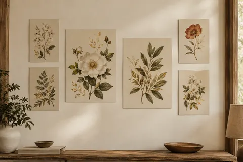 Six affiches florales sans cadre, aux accents dorés, disposées sur un mur ivoire.