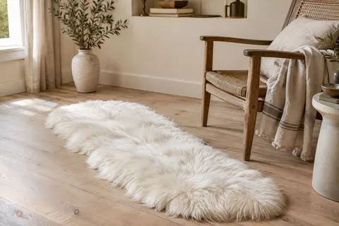 Tapis blanc allongé en fausse fourrure posé près d’un fauteuil en bois dans un intérieur lumineux