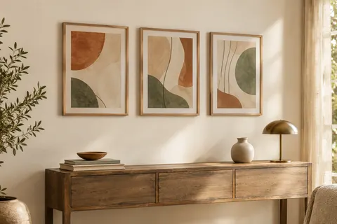 Trois cadres couleur bois avec des illustrations sobres, accrochés sur un mur ivoire au-dessus d’une console.