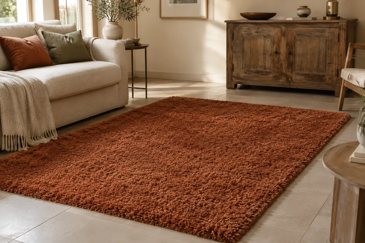 Tapis shaggy rectangulaire terracotta à poils longs posé dans un salon lumineux aux matières naturelles.
