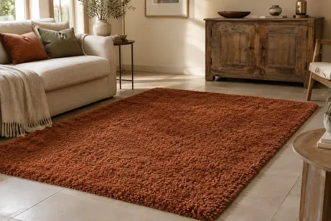 Tapis shaggy rectangulaire terracotta à poils longs posé dans un salon lumineux aux matières naturelles.