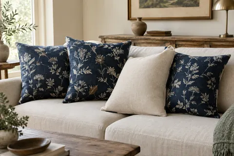 Quatre housses de coussin bleu marine en mélange de lin, avec motif sur une face et dos uni naturel.