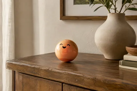 Figurine décorative Hoptimist Bumble melon posée sur une console en bois dans un intérieur lumineux.