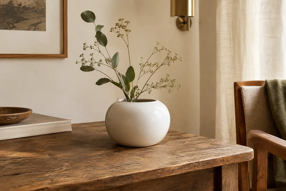 Petit vase rond blanc en céramique posé sur une table en bois patiné dans un intérieur lumineux.