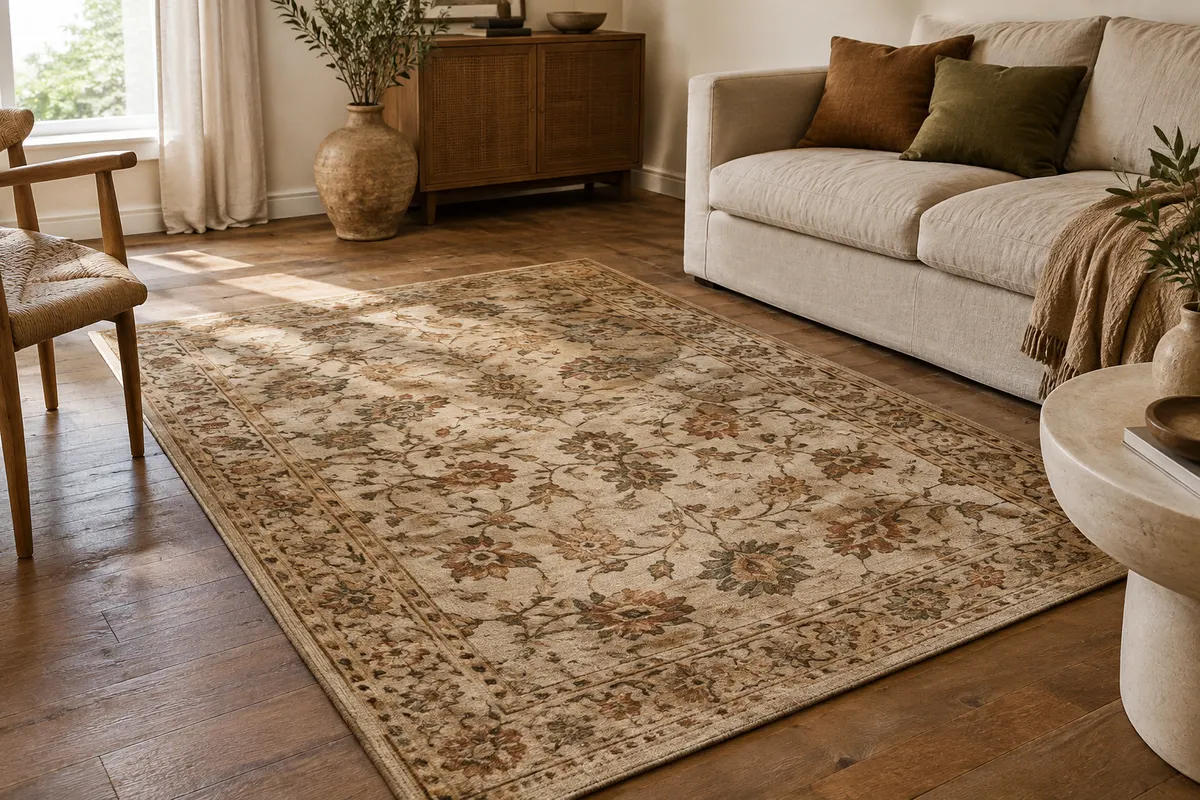 Tapis rectangulaire beige patiné à motif floral rétro posé sur un parquet dans un salon lumineux.