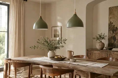 Deux suspensions vert olive en métal et bois installées au-dessus d’une table en bois patiné.