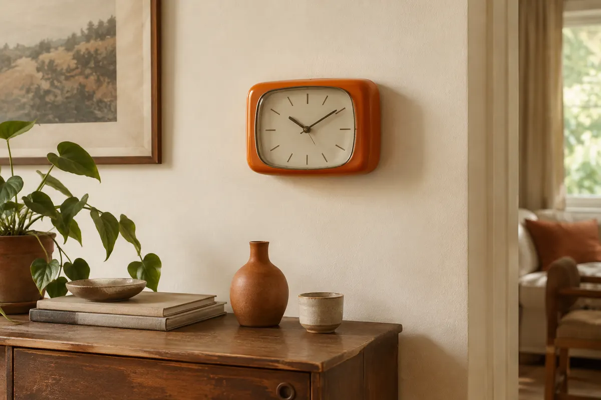 Horloge murale rétro orange mate à forme rectangulaire, accrochée sur un mur ivoire près d’un meuble en bois