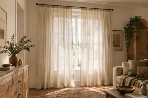 Deux voilages beige effet lin filtrent la lumière devant une fenêtre dans un intérieur aux tons naturels.