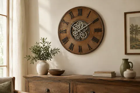 Horloge murale ronde en bois brun avec chiffres romains noirs et engrenages argentés mobiles