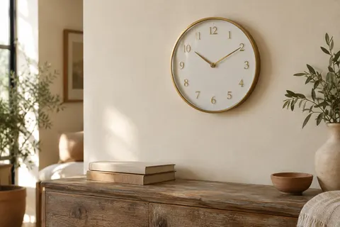 Horloge murale ronde au cadran blanc, chiffres en relief et cadre doré sur un mur ivoire.