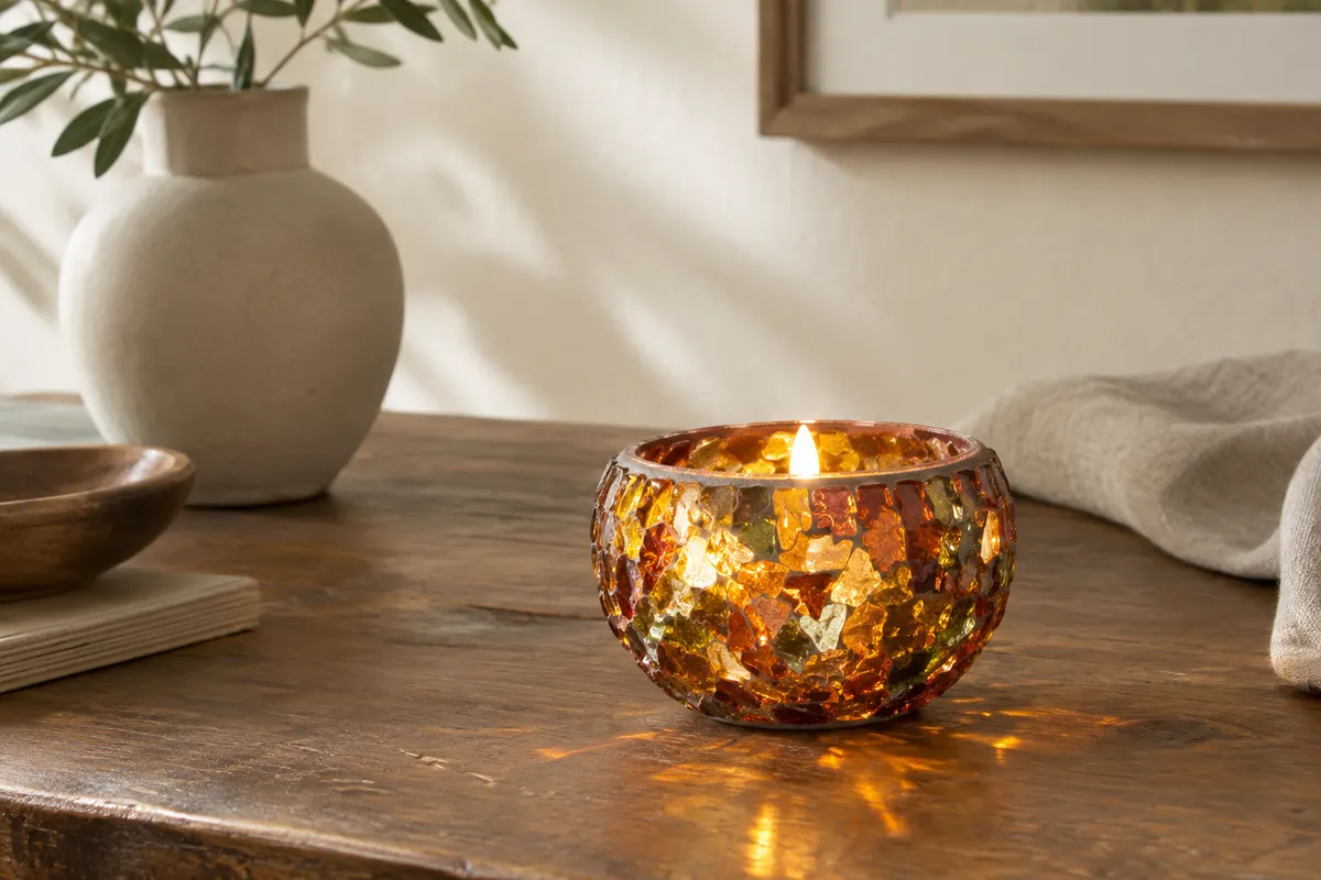 Bougeoir en verre mosaïque ambré posé sur une table en bois, avec des reflets doux