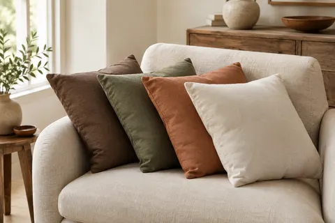 Quatre coussins intérieurs carrés en polyester posés sur un fauteuil en lin dans un salon lumineux.