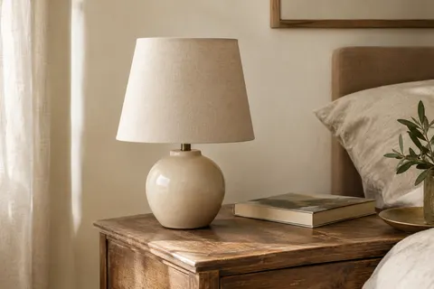 Lampe de table Ramzi beige crème, avec base en céramique et abat-jour en coton, posée sur une table en bois.