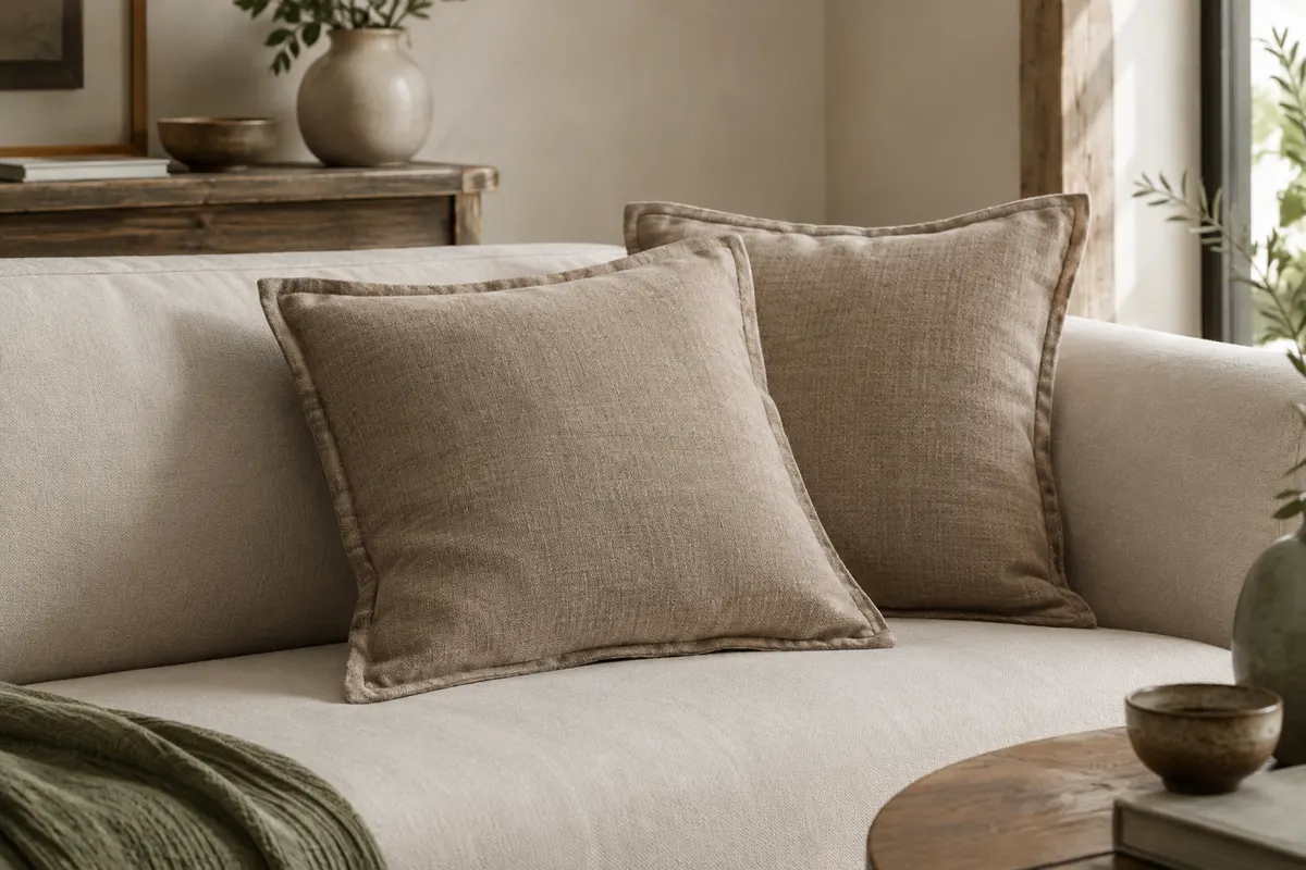 Deux housses de coussin marron clair à l’aspect lin présentées sur un canapé dans un intérieur doux.