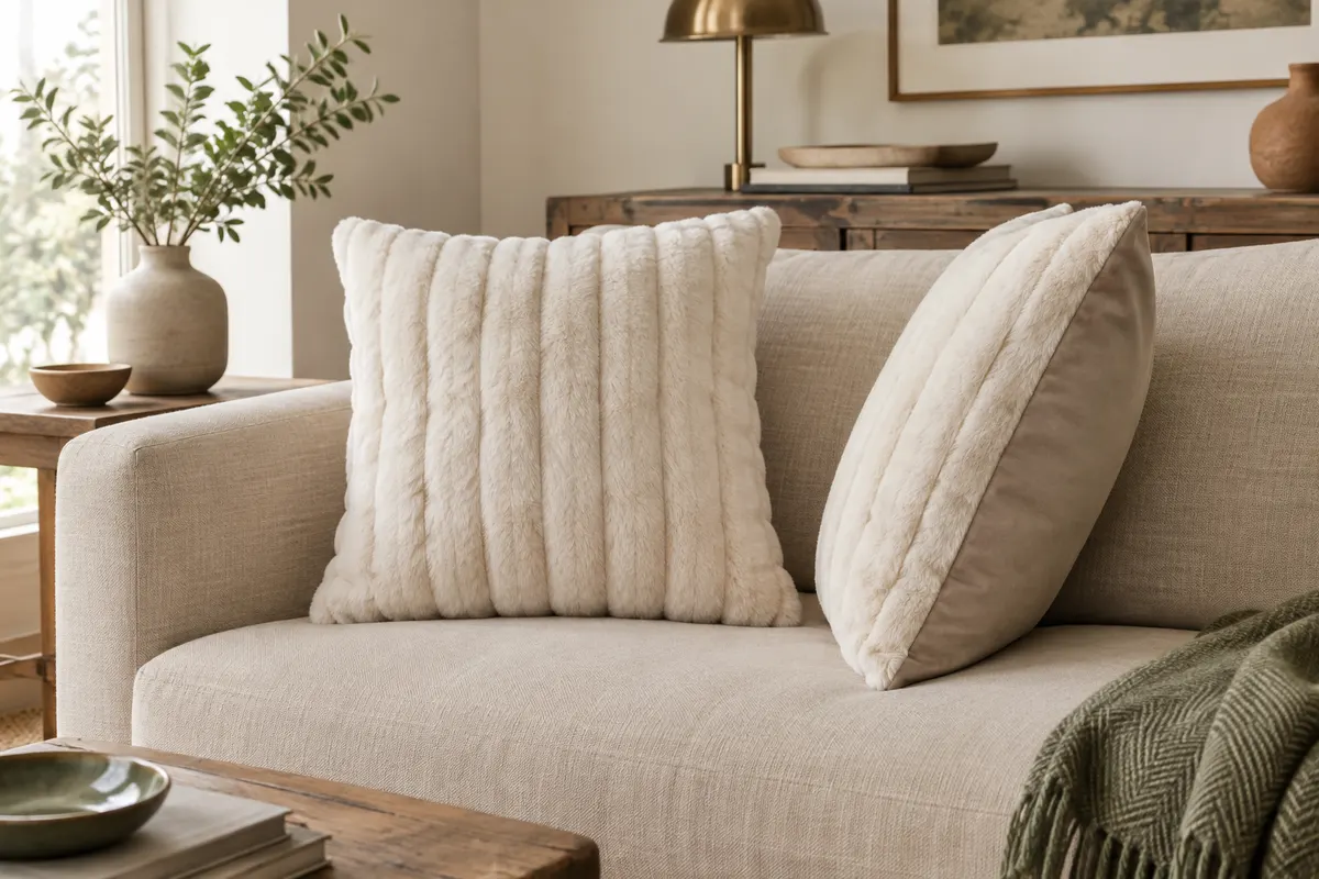 Deux housses de coussin crème en fausse fourrure rayée présentées sur un canapé en lin.