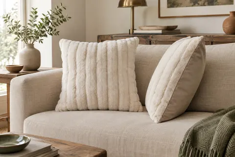 Deux housses de coussin crème en fausse fourrure rayée présentées sur un canapé en lin.