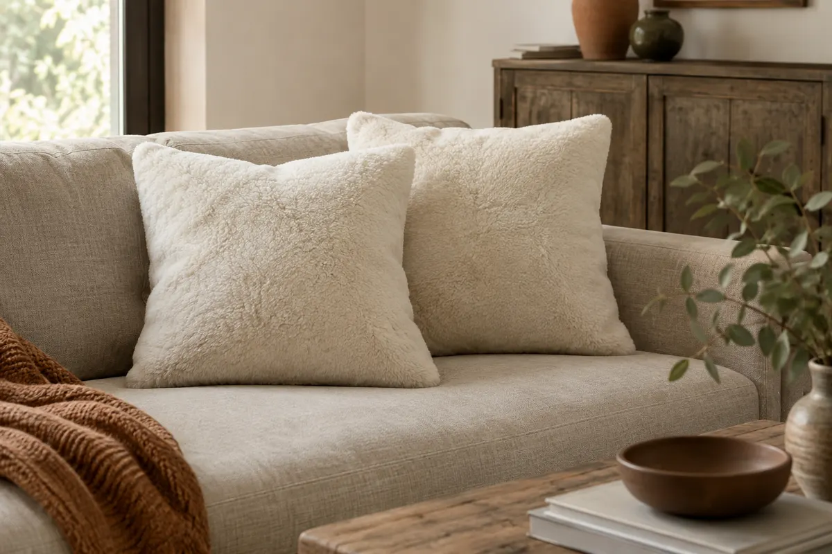 Deux housses de coussin carrées blanc crème à la surface pelucheuse, présentées dans un intérieur lumineux.