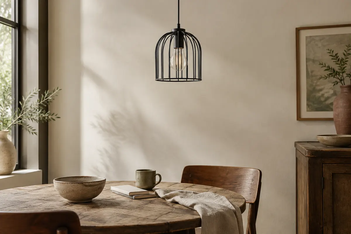 Suspension cage noire en métal installée au-dessus d’une table en bois dans un intérieur aux tons naturels.